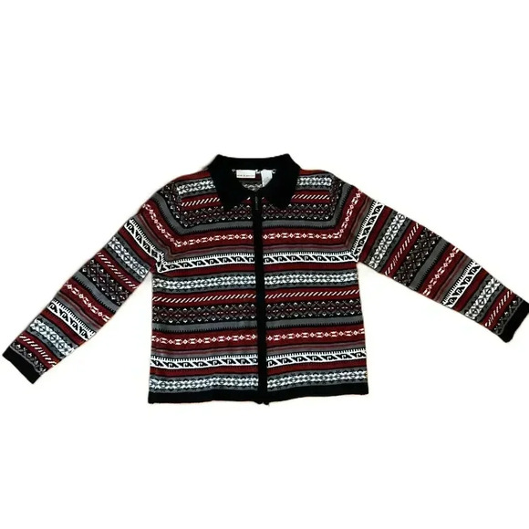 Croft Barrow Womens Large Zip Up Sweater Cardigan Long Sleeve Patterned Collar - Picture 1 of 4